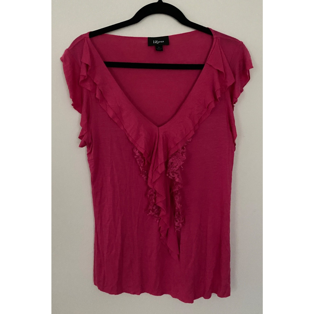 Vintage Deep V Neck Top Size XL Lace Ruffle Coquette Boho Indie Fairy Y2K Pink